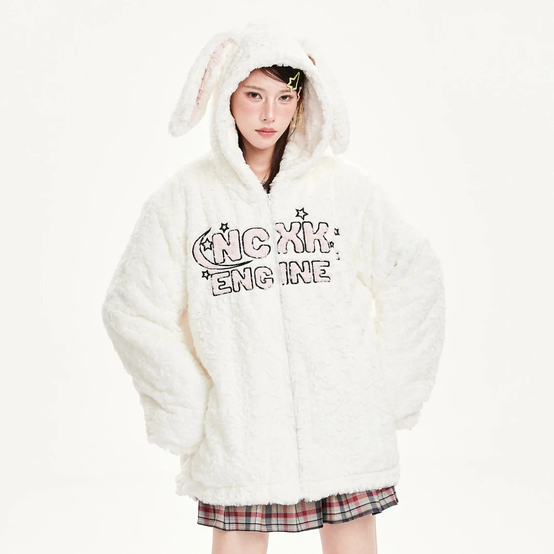 【NCXK】冬季可爱兔子耳朵毛茸茸连帽棉衣刺绣加厚保暖外套女WT152
