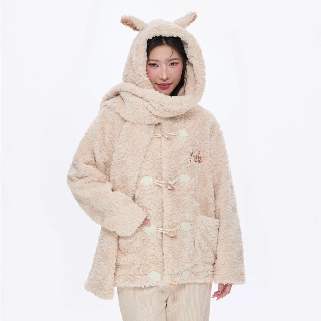 NCXK-冬季可爱毛绒帽子围巾一体护耳保暖羊角扣加厚毛毛外套WT174