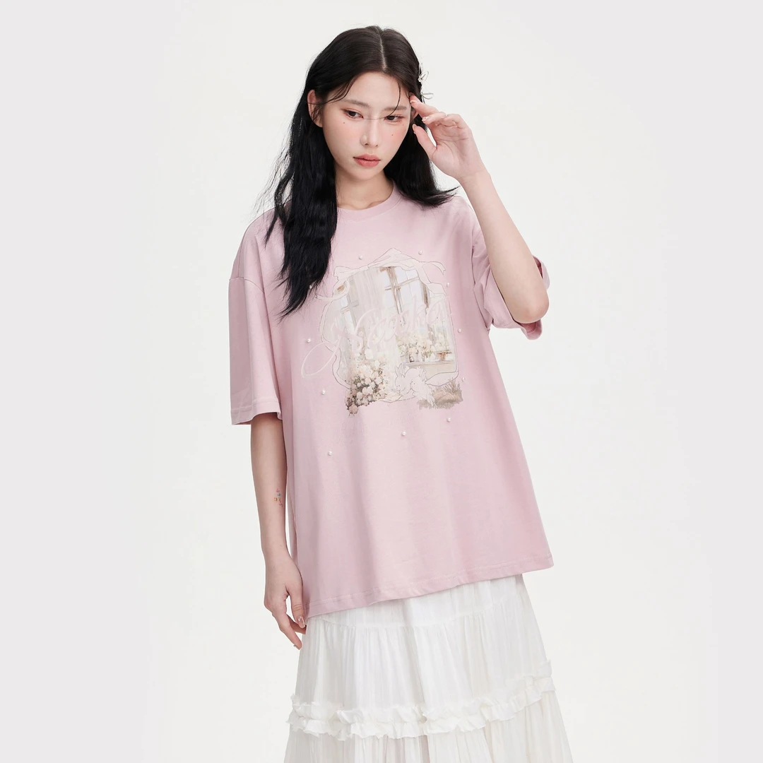 【清清】NCXK温柔小兔子印花珍珠短袖T恤夏季宽松半袖女DX053