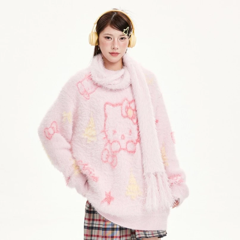 NCXK-冬季毛茸茸毛衣Kitty提花带围巾保暖可爱针织衫宽松MY156