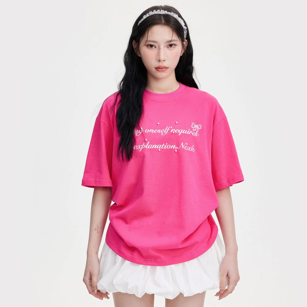 【清清】NCXK绣花珍珠蝴蝶结短袖T恤夏季宽松百搭半袖设计感DX054