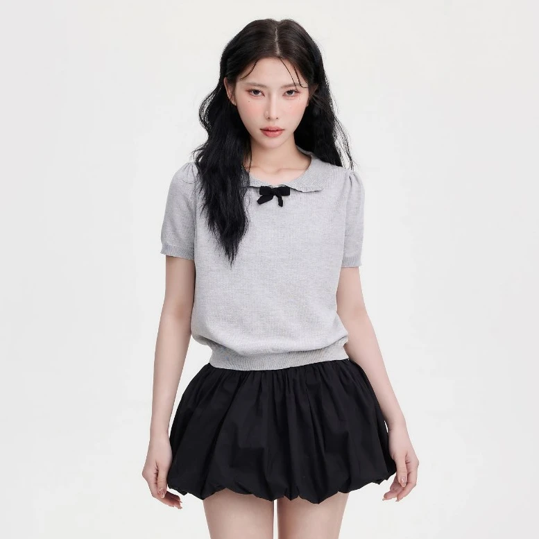 【清清】NCXK立体蝴蝶结翻领针织短袖泡泡袖学院风百搭休闲DX038