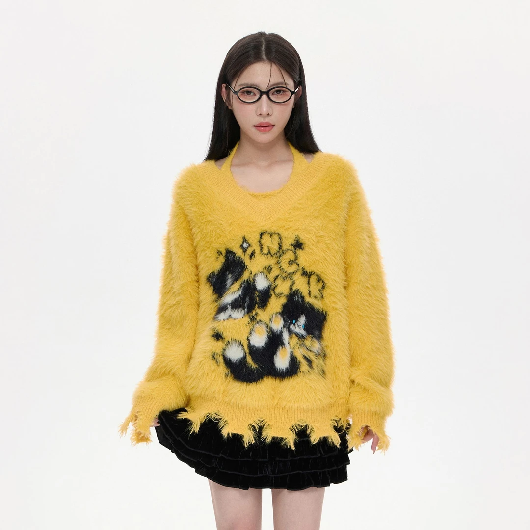 【清清】NCXK奶牛猫提花毛衣可爱背心两件套不规则破坏800克重MY317