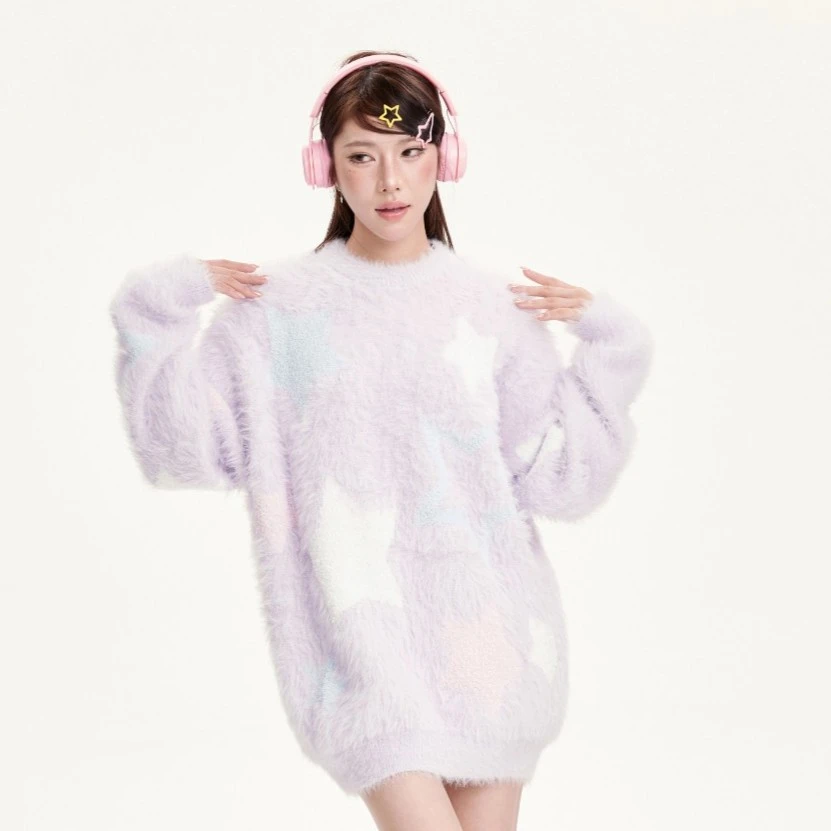 【NCXK】重磅美式星星造型设计圆领宽松毛衣针织衫百搭潮流现MY005