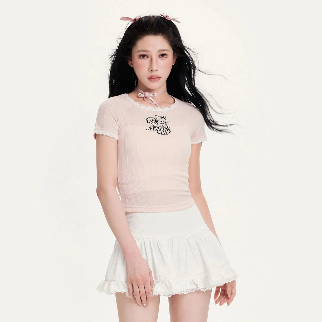 【清清】NCXK夏季修身短款短袖可爱小猫刺绣蕾丝花边领口DX016