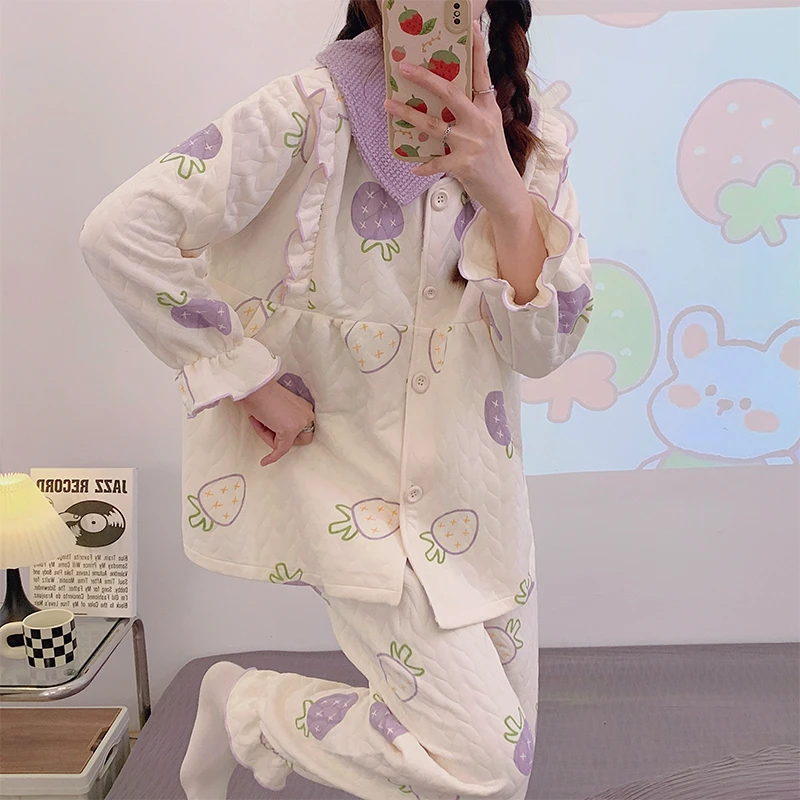 待产医院纯棉春秋冬季加厚产后喂奶哺乳加厚空气棉孕妇睡衣12月份