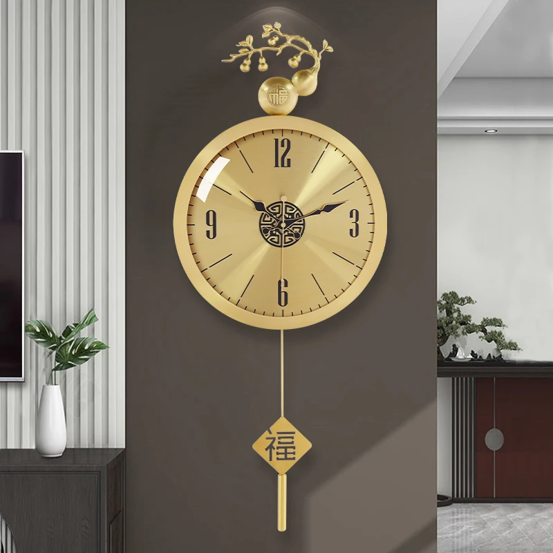 新中式轻奢黄铜挂钟家用大气葫芦挂墙轻奢创意静音装饰壁钟时钟37