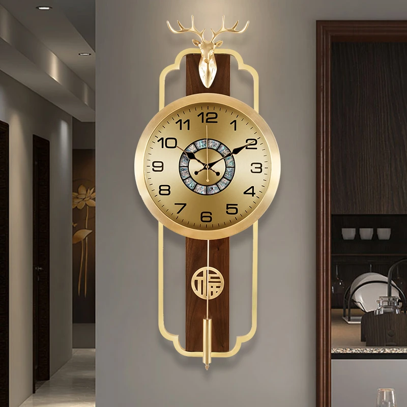 新中式鹿头挂钟客厅家用时尚创意钟表摆钟餐厅静音时钟装饰挂表30