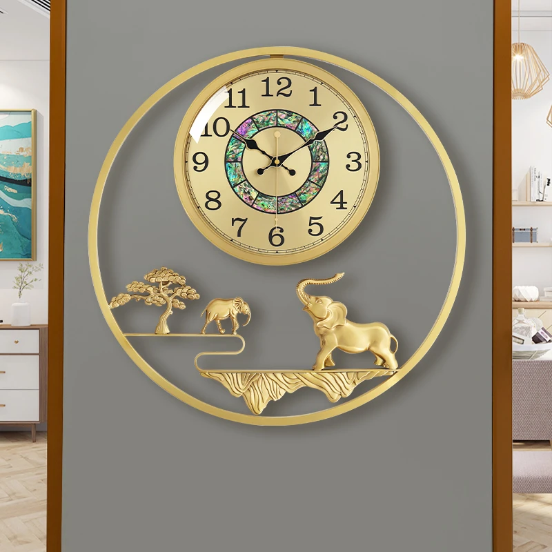 新中式黄铜吉象挂钟创意装饰轻奢石英钟表欧式家用静音挂墙表87