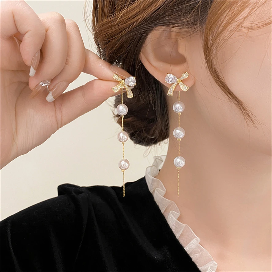 铜合金合成锆石耳饰 长款流苏镶钻带珠珠仙气耳饰耳钉9036