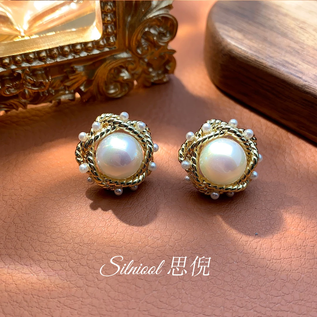 铜合金耳饰 【人鱼香泪】缠绕镂空百搭珠珠复古优雅耳饰2893