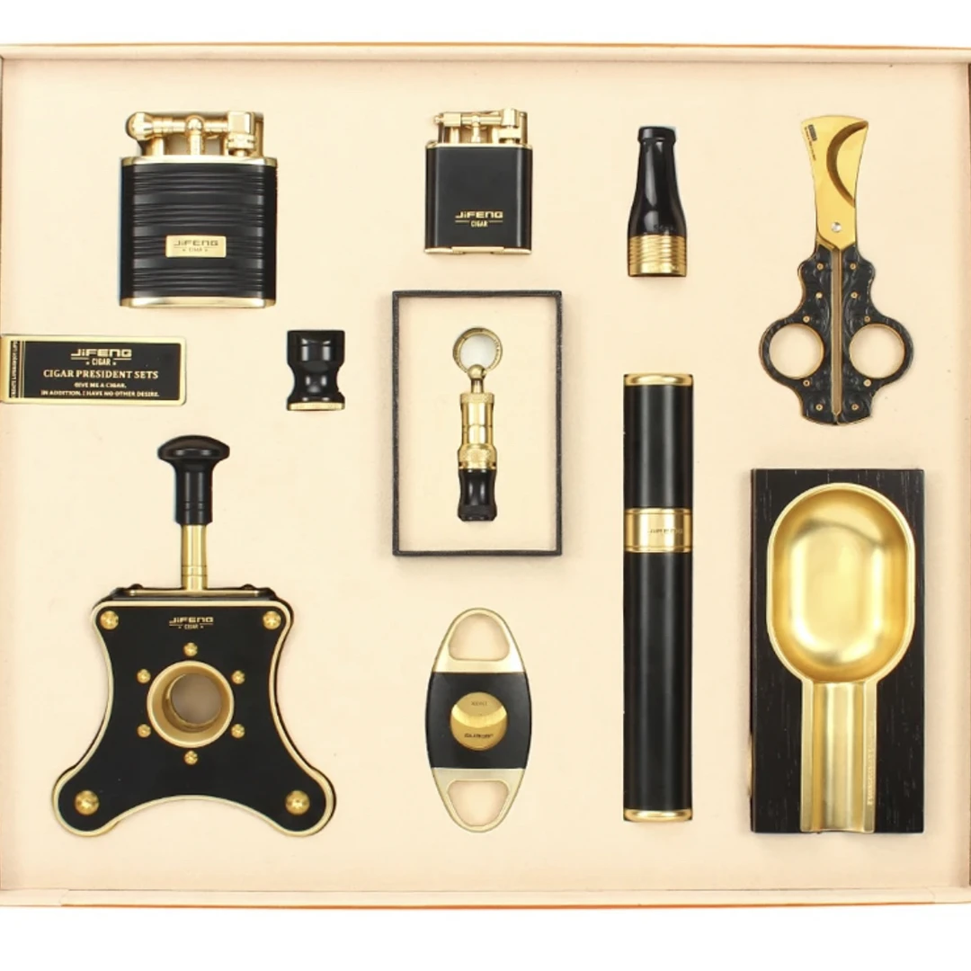 JIFENG季风雪茄剪打火机套装烟灰缸雪茄刀便携烟嘴十件礼盒总统套