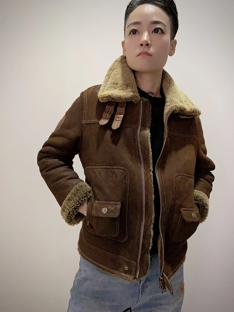 T9218醇植浆染系复古做旧原生态绵羊皮毛一体女款时尚保暖厚外套