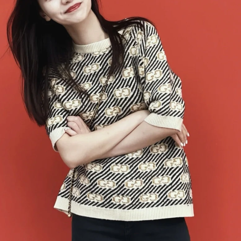 GUCCI/古驰 aa0406 金线双g针织短袖 s码 无领标 95新