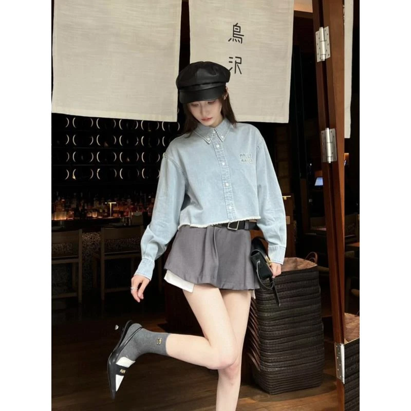 miumiu/谬谬wz0017 蓝色短款logo衬衫 42码