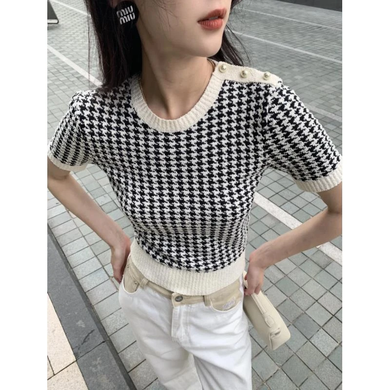全新未使用 DIOR/迪奥 二二八二五 棉 千鸟格针织短袖 36码