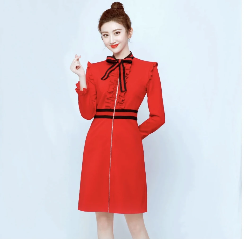 GUCCI/古驰 bb0491 红色飘带连衣裙 m码 市场价15900 95新