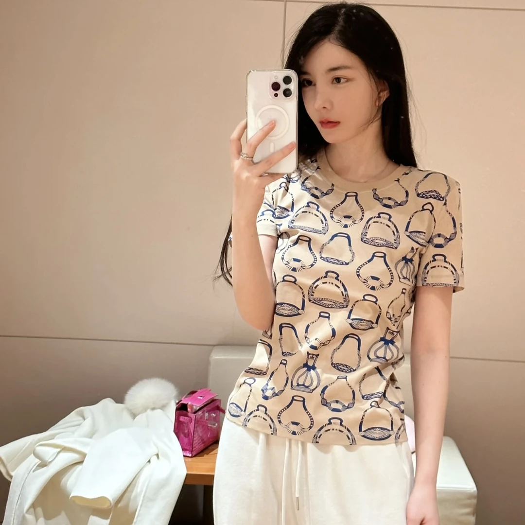95新 Hermes/爱马仕  bb零零一八 棉 猪鼻子满印logo短袖 34码