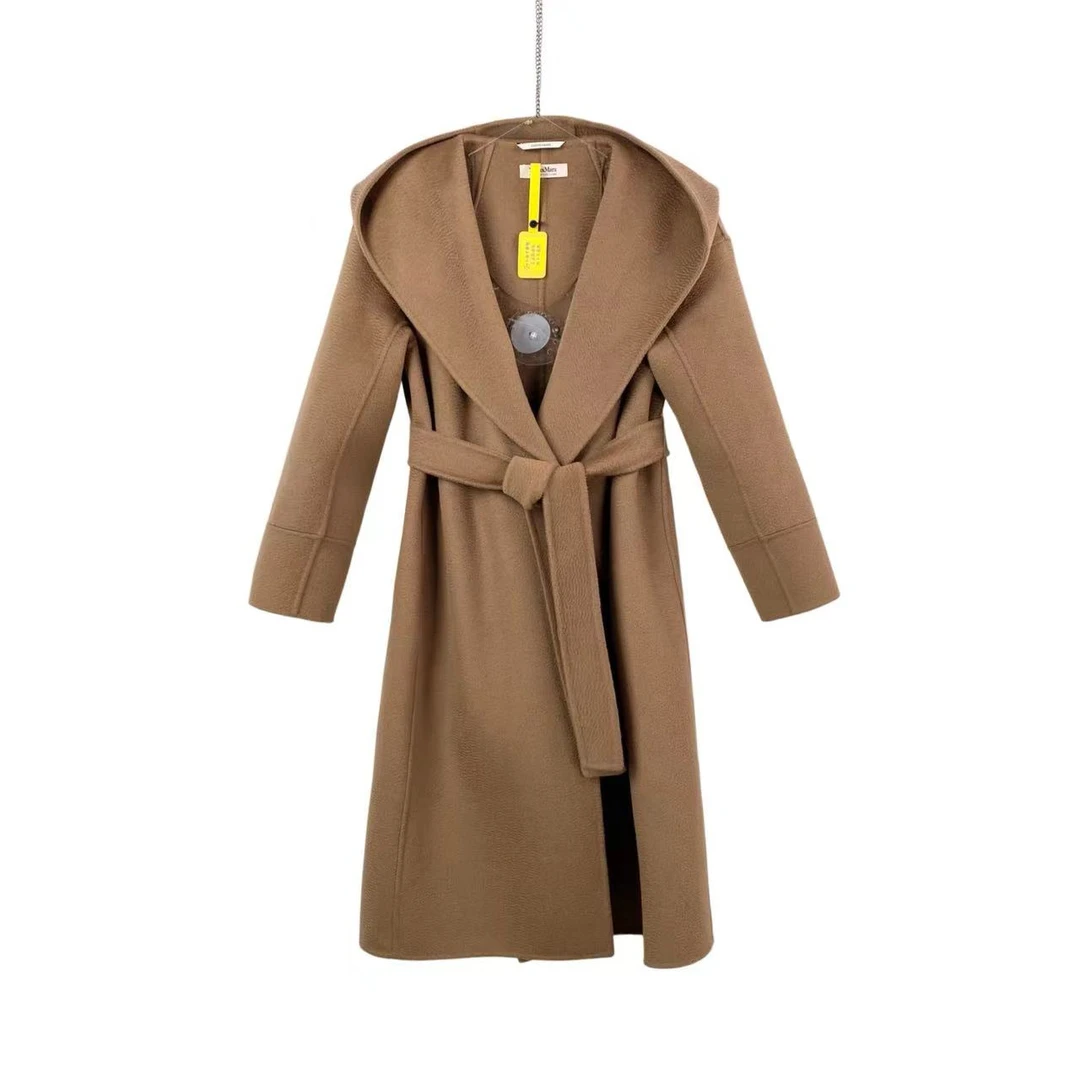 95新 MaxMara  jm0191 沙漠黄水波纹羊毛连帽大衣 36码 95新