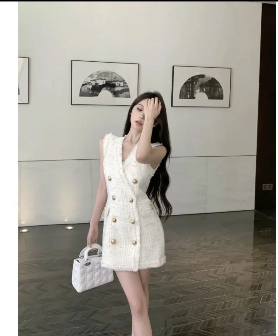 BALMAIN/巴尔曼18457 金扣无袖编织连衣裙 34码