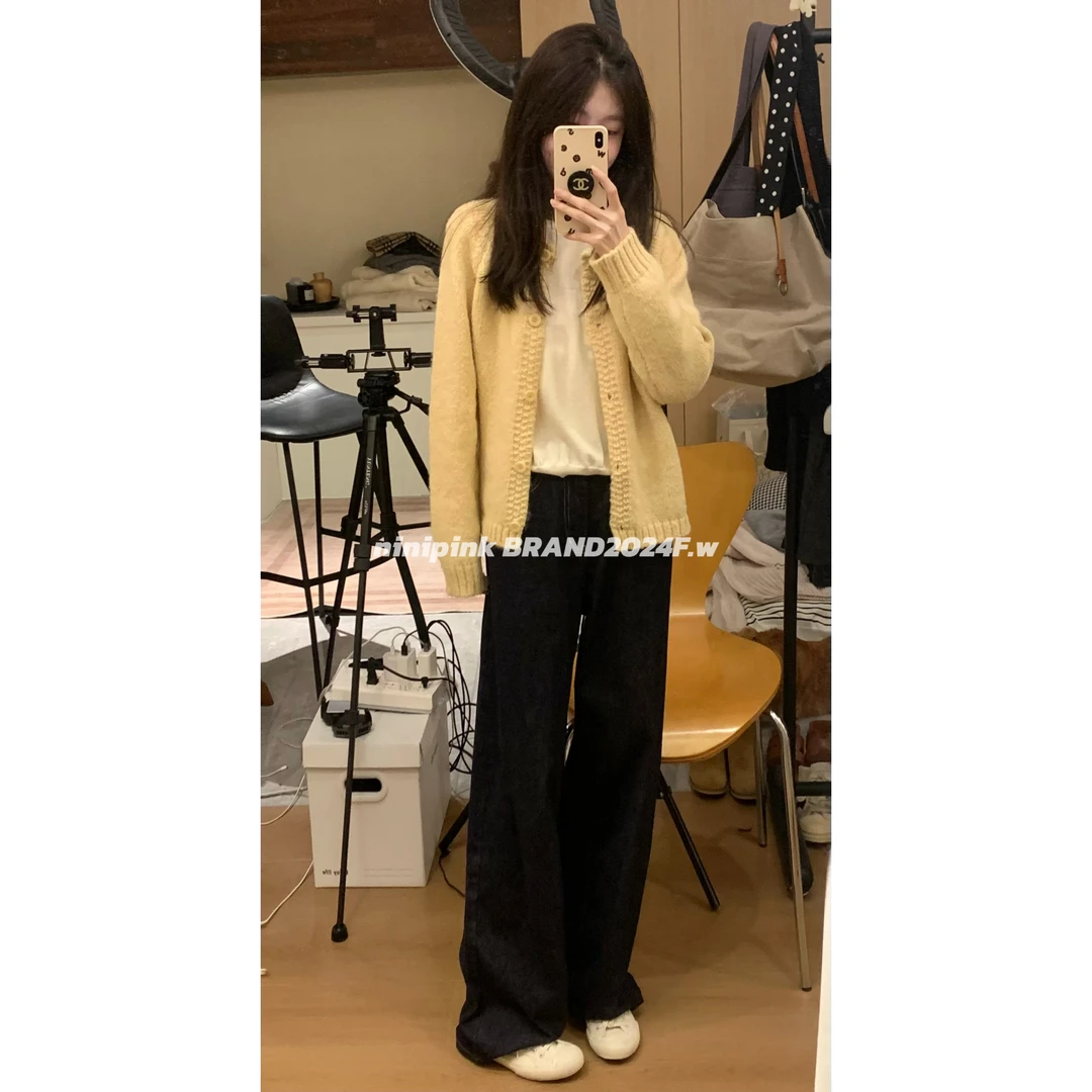 9684庄不腻早秋新款【修正腿型】时髦深蓝色牛仔裤女高腰显瘦直筒裤