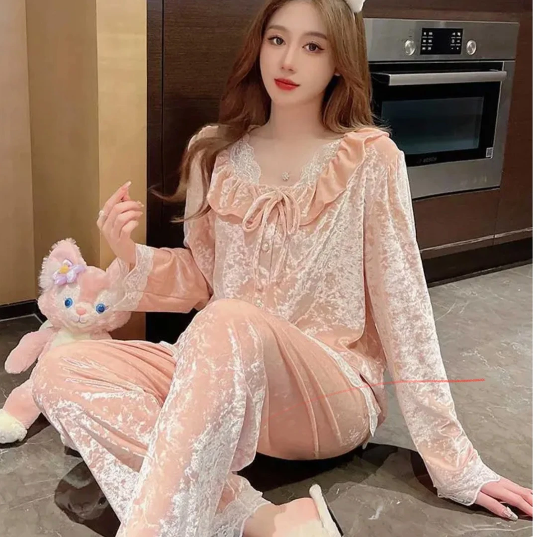 金丝绒甜美睡衣秋冬季蕾丝花边套装两件套宽松柔软轻奢风家居服