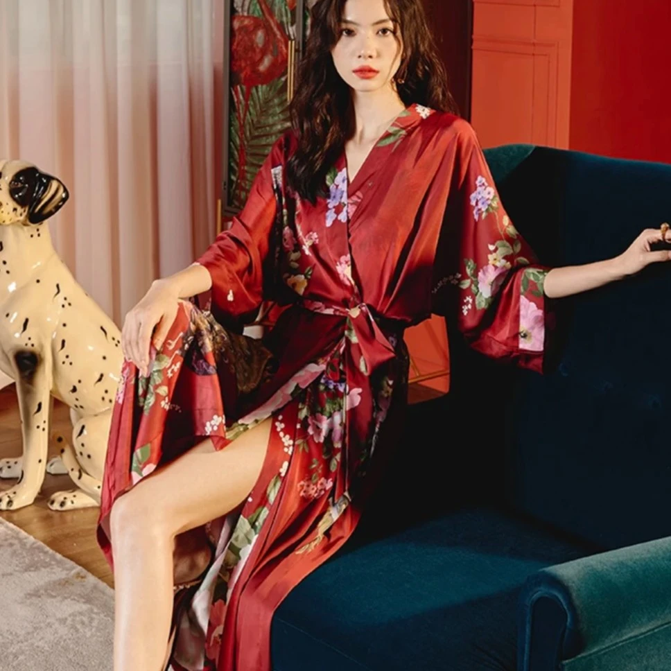 冰丝长睡袍女结婚新娘法式高级感四季晨袍气质红色长款浴袍