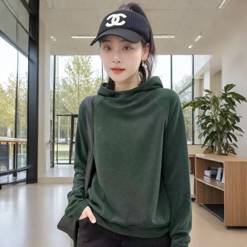 秋冬新款时尚双面德绒休闲保暖连帽卫衣女显瘦套头洋气打底帽衫潮