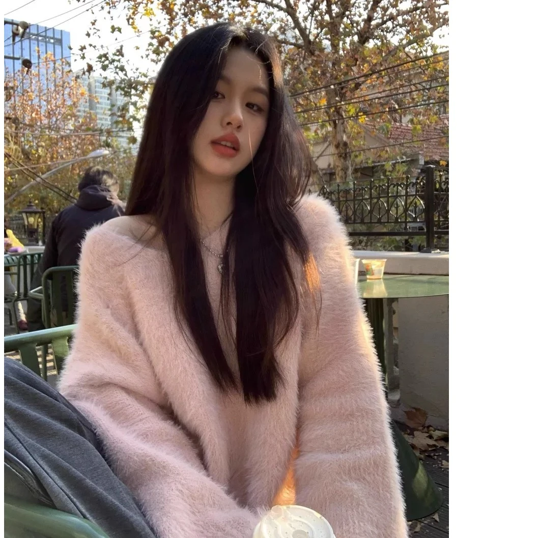 毛衣女秋冬软糯宽松V领水毛毛套头上衣慵懒纯欲显瘦中长毛毛外套