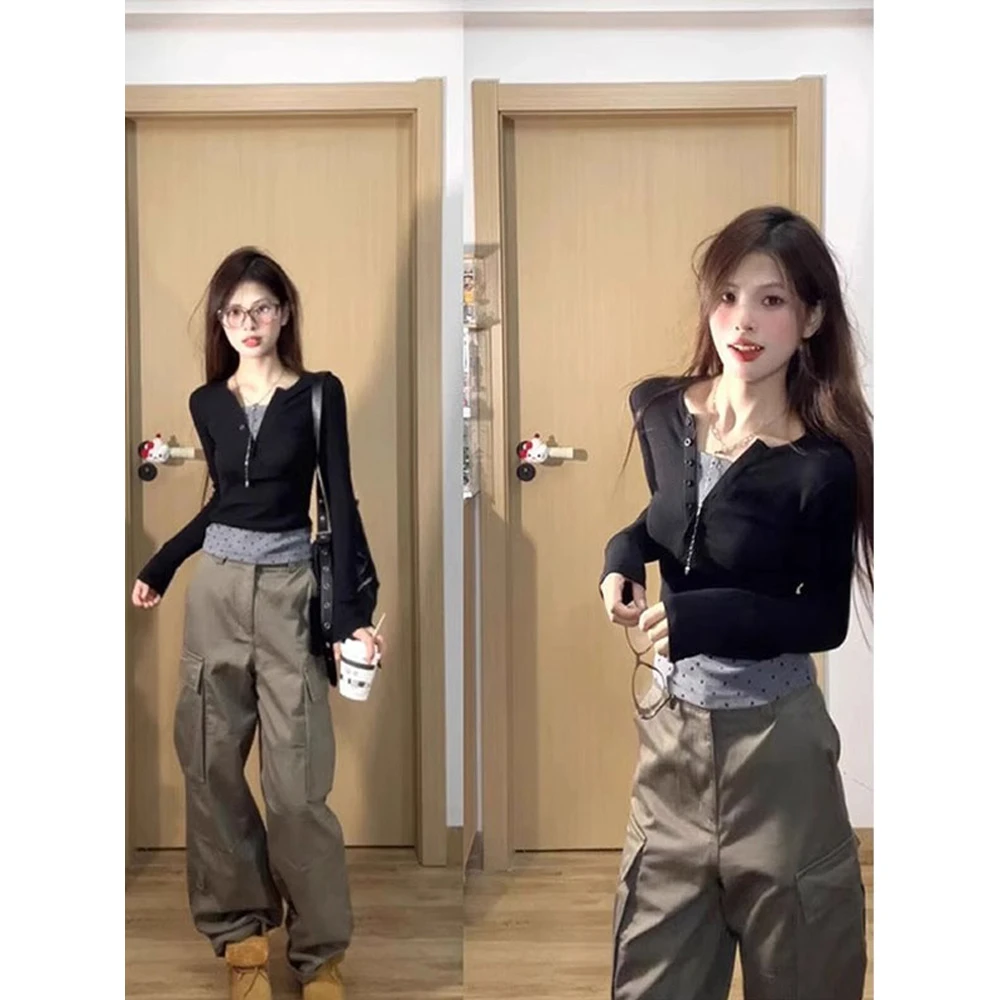 美式假两件长袖t恤女2024新款内搭打底衫设计感小众修身上衣春款