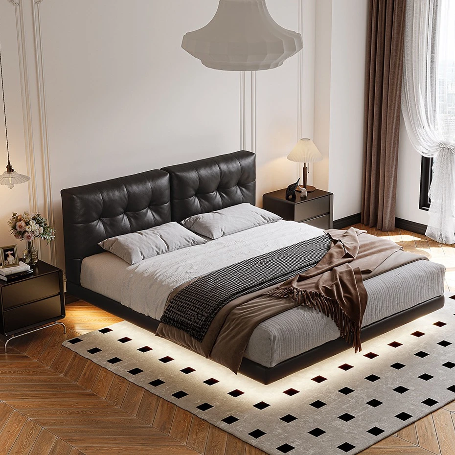真皮床意式极简香奈尔悬浮床实木主卧高端大气黑色轻奢软包床