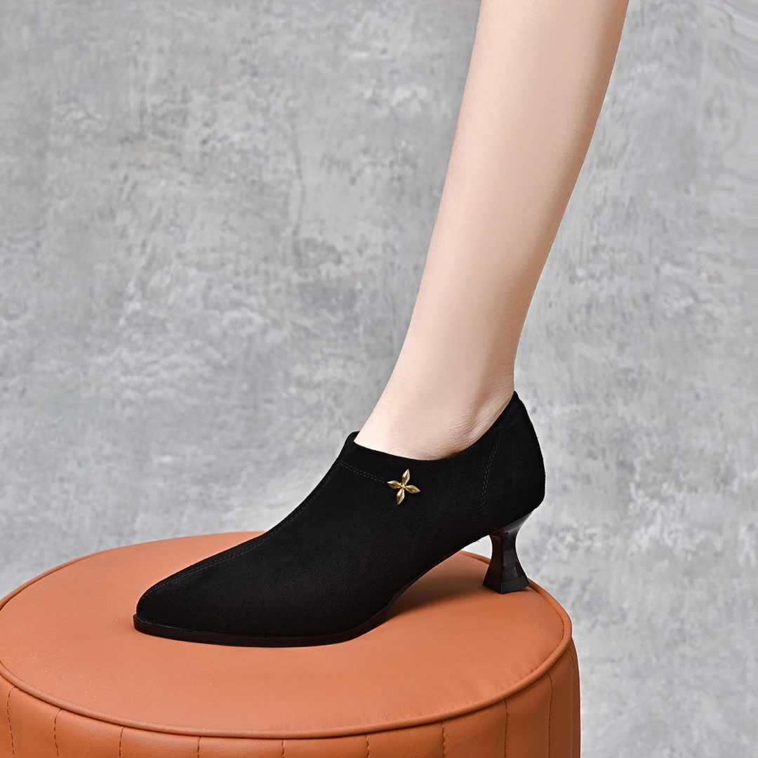 小低跟磨砂绒面翻毛皮单鞋皮鞋春秋新款真皮时尚百搭女鞋黑色细跟