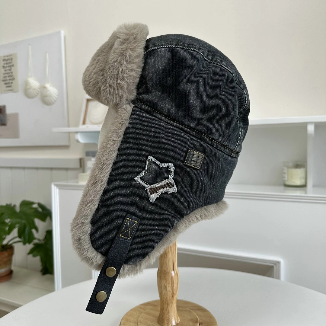 冬季复古牛仔雷锋帽男女同款加绒加厚户外护耳帽骑车防寒东北帽子