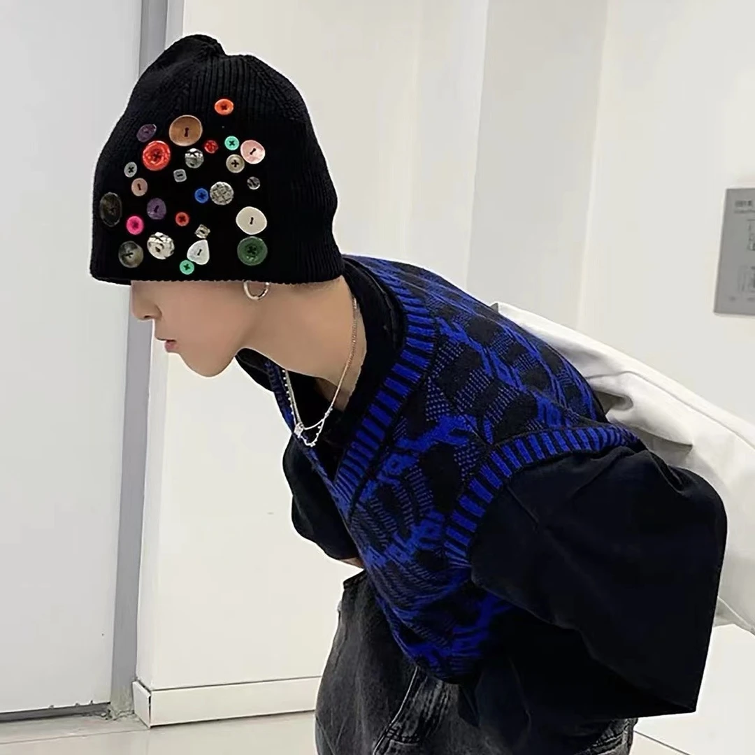 五彩纽扣针织帽韩国设计师款秋冬保暖包头帽男女百搭护耳毛线帽潮
