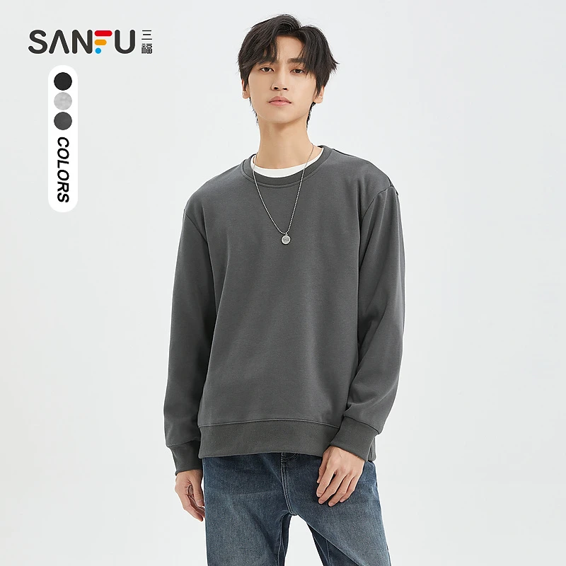 三福2023秋冬新款都市圆领卫衣简约宽松净版复合牛奶丝设计477648