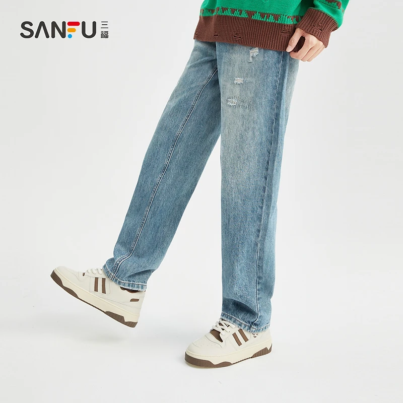 三福2023冬男士潮流破洞锥形牛仔裤 时尚直腰复古长裤男476221