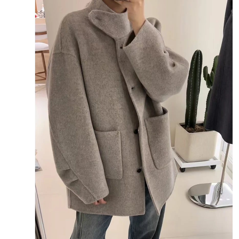 韩版秋冬立领单排扣双面羊绒大衣宽松慵懒中长款驼绒毛呢外套