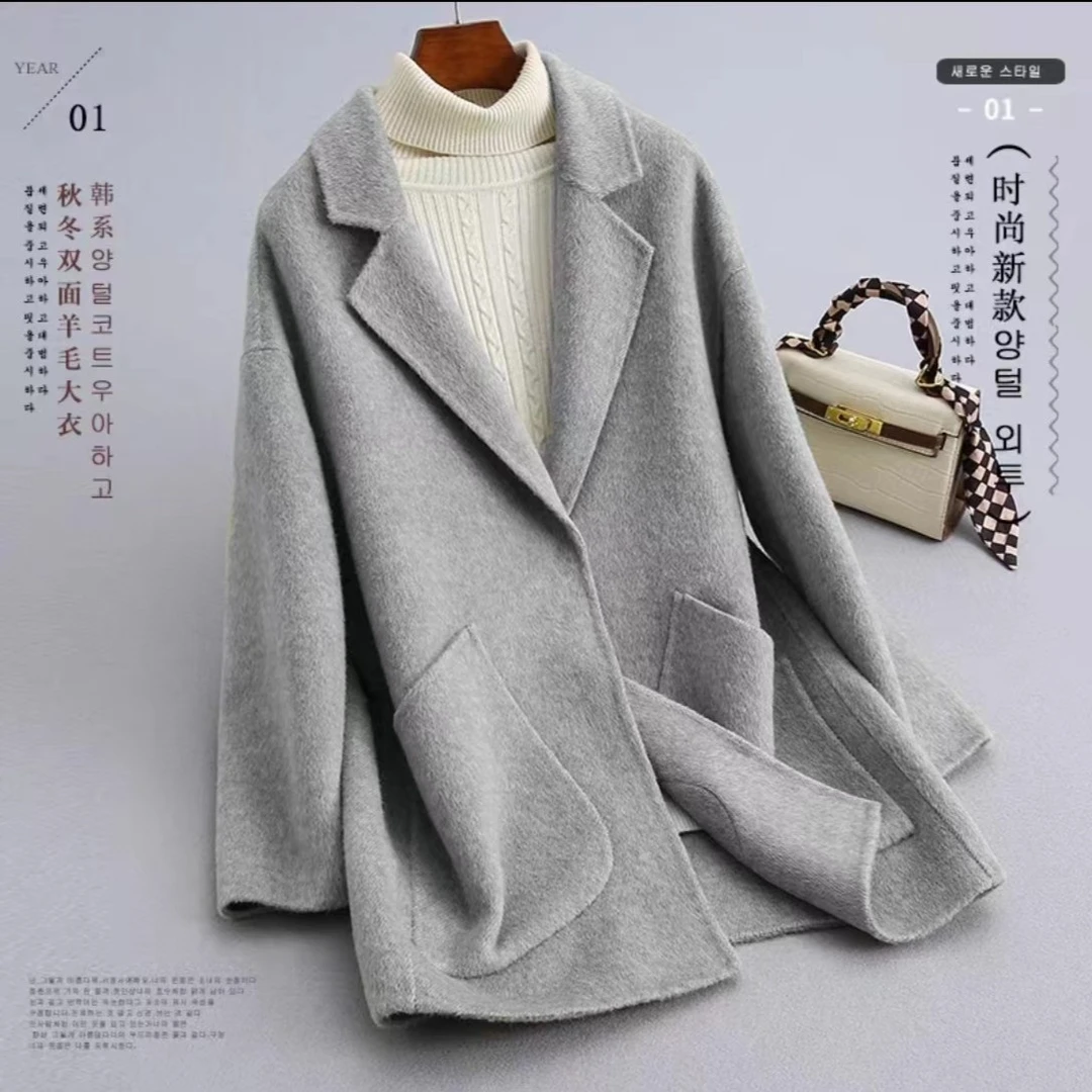 秋冬韩版时尚桑蚕丝小西装双面羊毛大衣休闲百搭 外套
