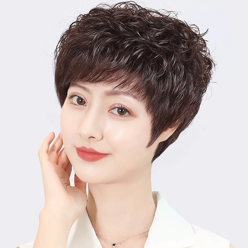 遮白发真发全真人发中老年女士全头套女短卷发妈妈全真自然假发套