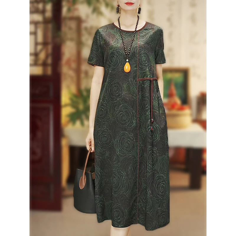 【胜似春光】夏季桑蚕丝连衣裙短袖高级印花大气优雅妈妈裙12400