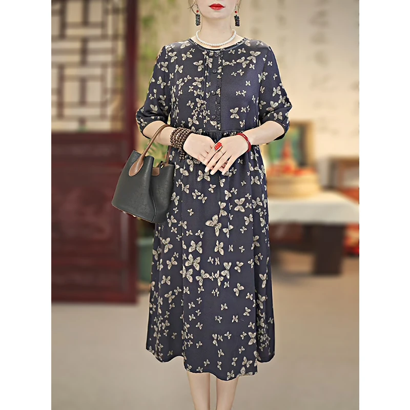 【千蝶赴卉】夏季新款透气桑蚕丝连衣裙气质优雅宽松妈妈女装12332