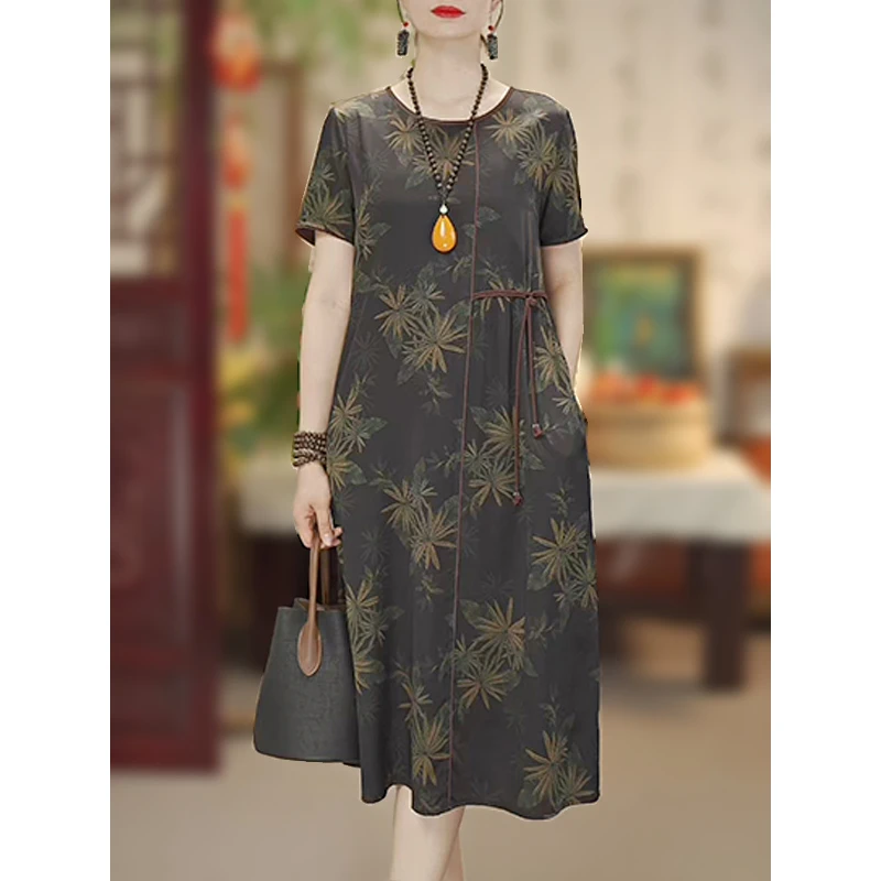 【金石丝竹】新中式印花重磅桑蚕丝连衣裙夏季宽松妈妈女装12270