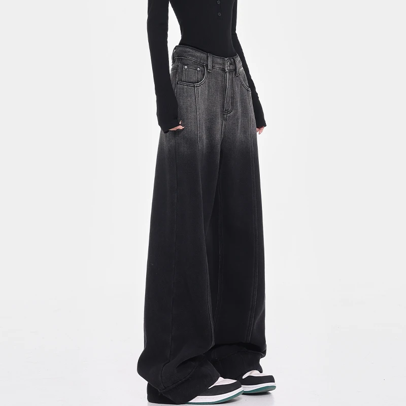 KEN STUDIO冬季新款黑色加绒阔腿牛仔裤女晕染设计直筒宽松拖地裤