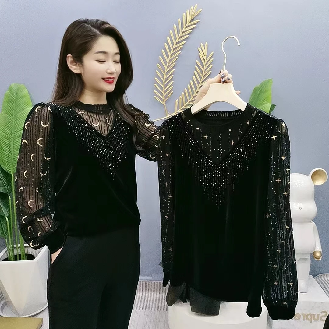 9213款秋冬款气质网纱丝绒打底衫蕾丝女洋气显瘦黑色百搭时尚