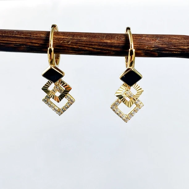 925银耳饰 轻奢精致小黑方块几何批花菱形片流苏05241299B