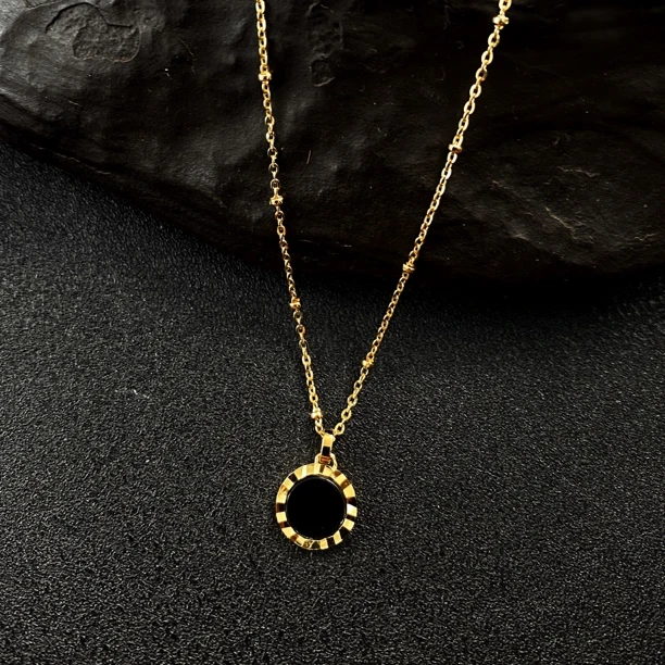 链子925银 小黑圆牌 极简间珠链吊黑色圆牌项链05241401