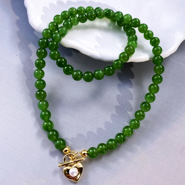链子925银 珍心系列 淡水珠爱心OT扣田田绿色项链 2403013