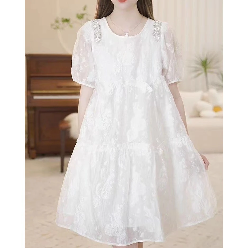 2024年气质时尚蕾丝法式甜美拼接韩版温柔设计感名媛钉珠连衣裙