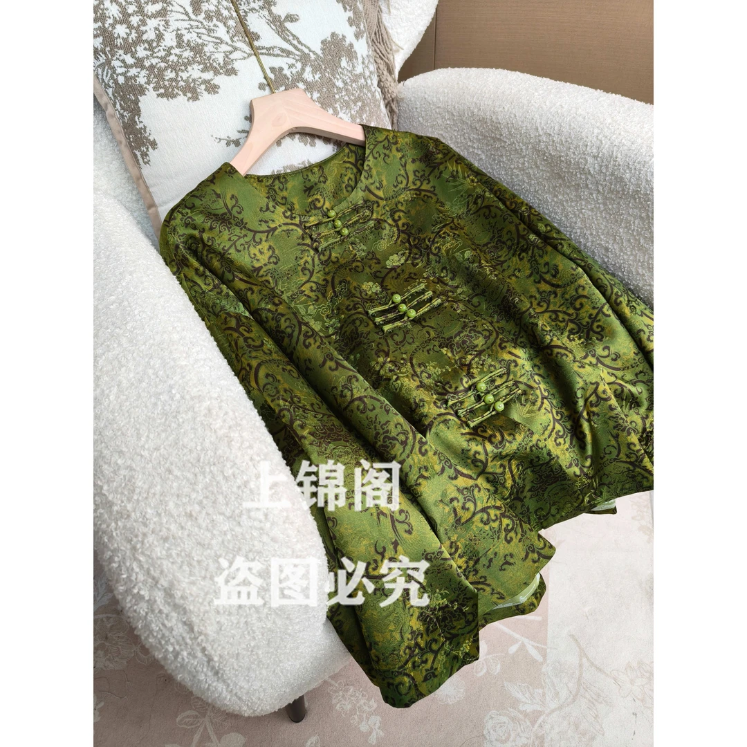 990新中式绿色直襟圆领上衣长袖百搭气质外套宽松时尚中国风女装