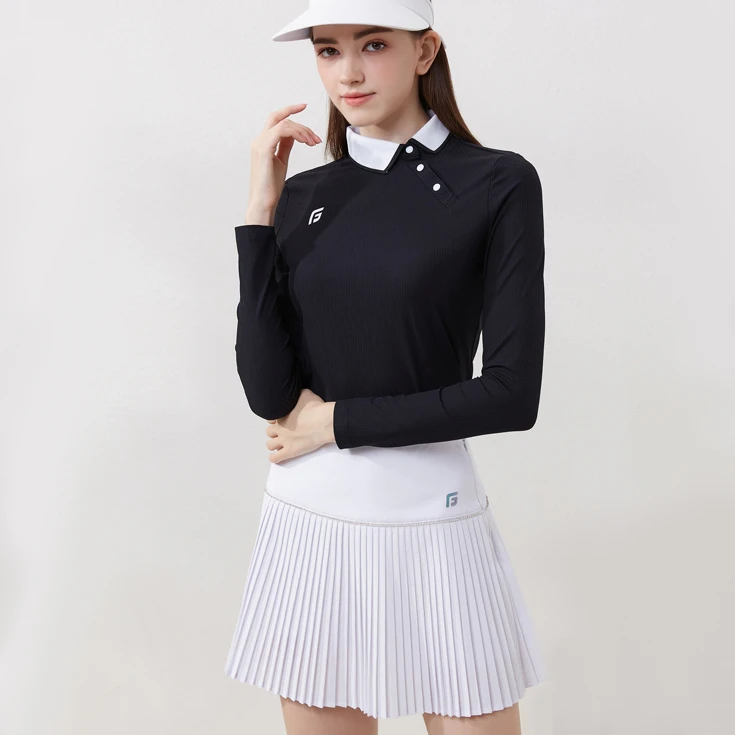 高尔夫女士春秋季长袖GOLF运动百褶裙修身女款服装翻领弹力时尚